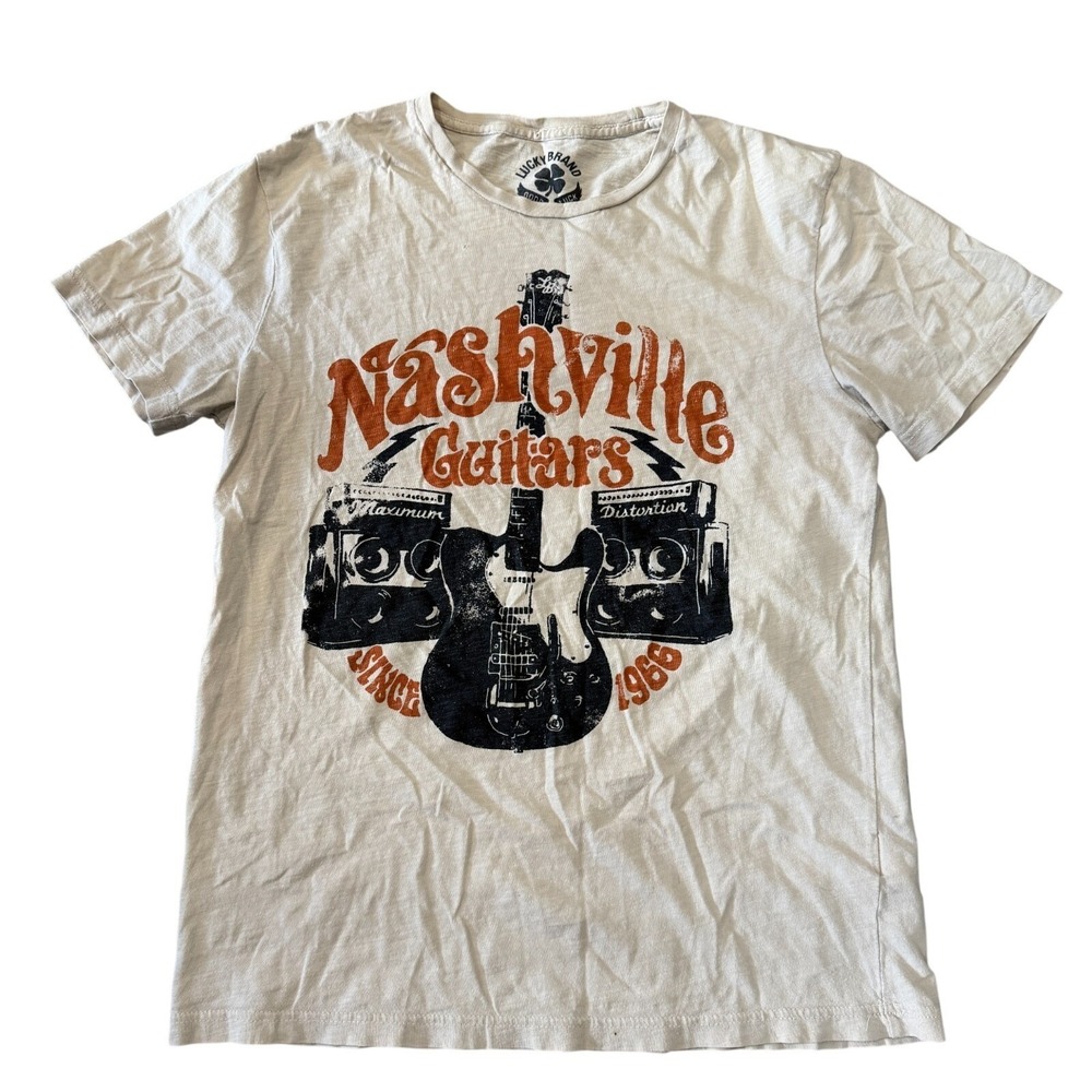 Lucky Brand Nashville Guitars Graphic T-Shirt Mens Small Beige Vintage Style